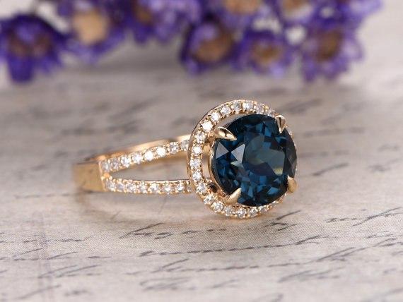 2 Carat Round London Blue Topaz and Diamond Split Shank Engagement Ring in Yellow Gold