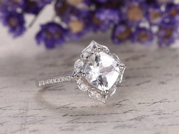 1.50 Carat White Topaz and Diamond Art Deco Engagement Ring in White Gold