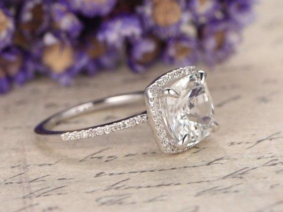 1.50 Carat White Topaz and Diamond Halo Half Infinity Engagement Ring in White Gold