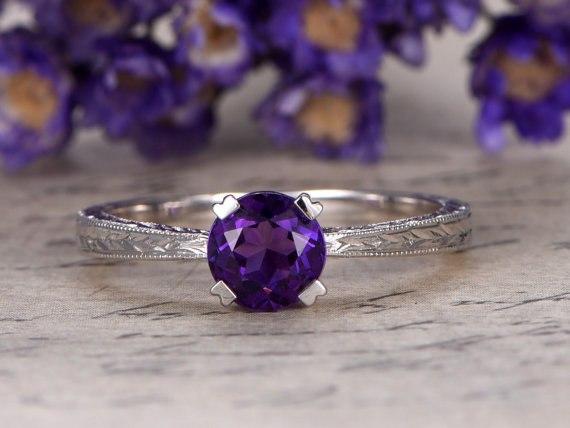 1.25 Carat Round Amethyst Engagement Ring Solitaire Filigree Classic Design in White Gold
