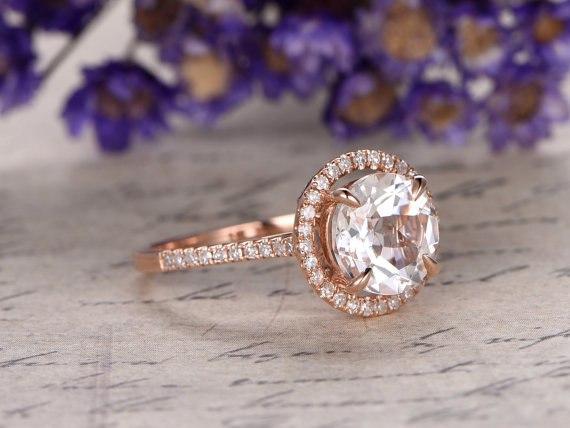 1.50 Carat Round White Topaz and Diamond Halo Half Infinity Engagement Ring in Rose Gold