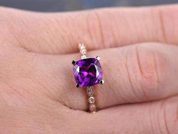 1.50 Carat Purple Cushion Amethyst and Diamond Art Deco Engagement Ring in Rose Gold