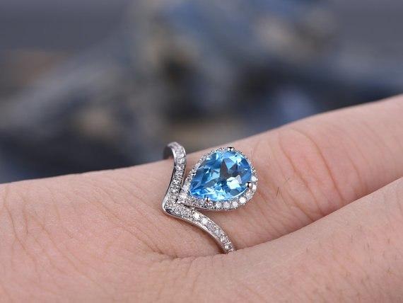 1.50 Carat Pear London Blue Topaz and Diamond Engagement Ring in White Gold