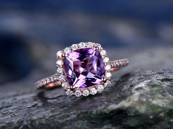1.50 Carat Purple Cushion Cut Amethyst  and Diamond Engagement Ring for Her in Rose Gold