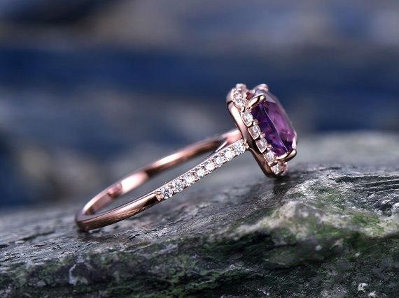 1.50 Carat Purple Cushion Cut Amethyst  and Diamond Engagement Ring for Her in Rose Gold