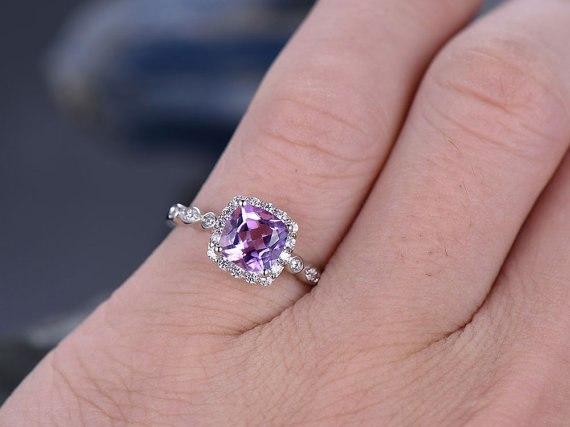 1.25 Carat Purple Amethyst and Diamond art deco engagement ring in White Gold