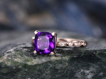 1.50 Carat Purple Cushion Amethyst and Diamond Art Deco Engagement Ring in Rose Gold