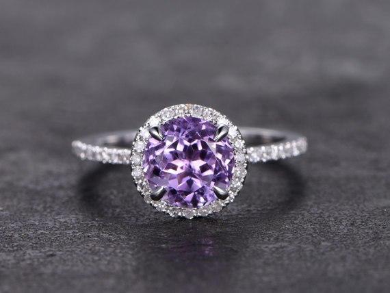 1.25 Carat Round Amethyst and Diamond Halo Engagement Wedding Ring in White Gold