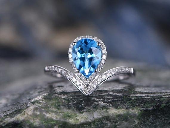 Three Stone Minimalist Blue Topaz Diamond Engagement Ring – Archariel