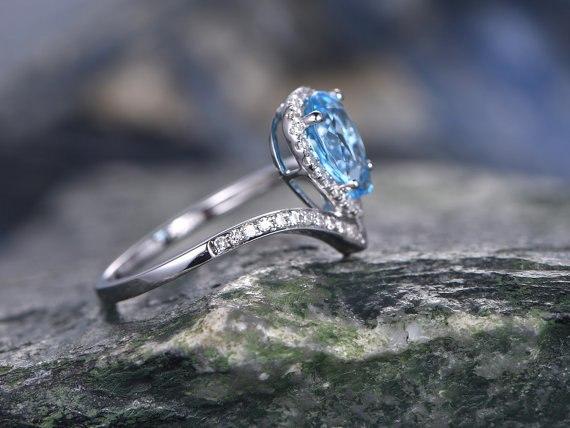 1.50 Carat Pear London Blue Topaz and Diamond Engagement Ring in White Gold