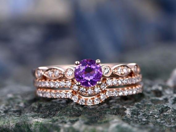 Vintage Amethyst Engagement Ring Antique White Gold Diamond Rings Unique  Handmade Twisted Band Birthstone Anniversary Celtic Wedding Ring - Etsy