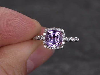 1.25 Carat Cushion Amethyst and Diamond Halo Engagement Ring in White Gold