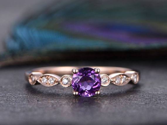 1.25 Carat Round Amethyst and Diamond Art Décor Engagement Ring in Rose Gold