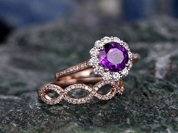 2 Carat Purple Amethyst and Diamond Floral Halo Wedding Engagement Ring set in Rose Gold