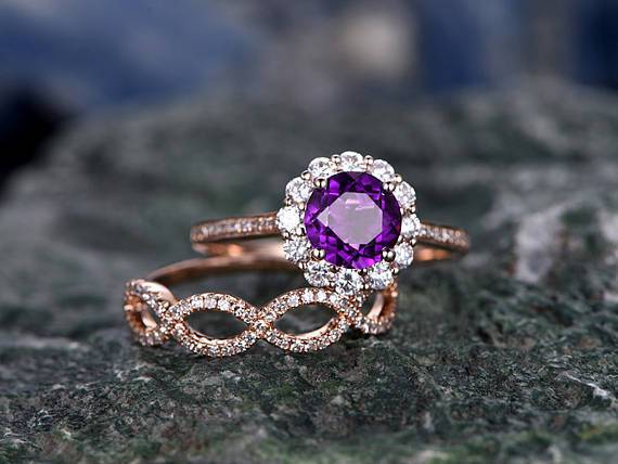 2 Carat Purple Amethyst and Diamond Floral Halo Wedding Engagement Ring set in Rose Gold