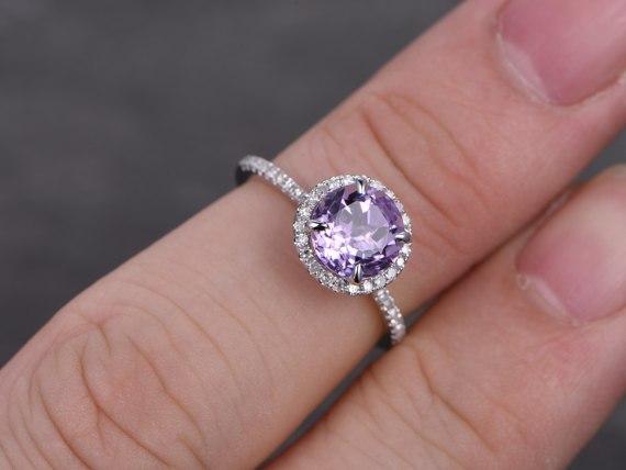 1.25 Carat Round Amethyst and Diamond Halo Engagement Wedding Ring in White Gold