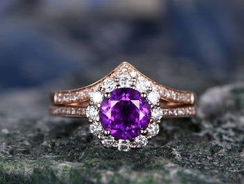 2.50 Carat Purple Round Amethyst and Diamond Floral Halo Curved Wedding Ring Set in Rose Gold