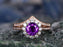 2.50 Carat Purple Round Amethyst and Diamond Floral Halo Curved Wedding Ring Set in Rose Gold