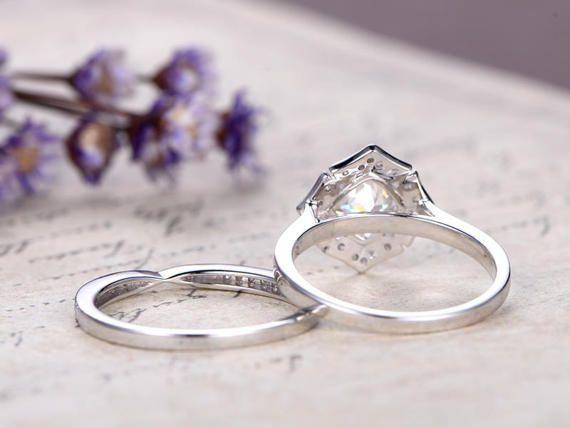 1.50 Carat Cushion White Topaz and Diamond Art Deco Wedding Ring Set in White Gold