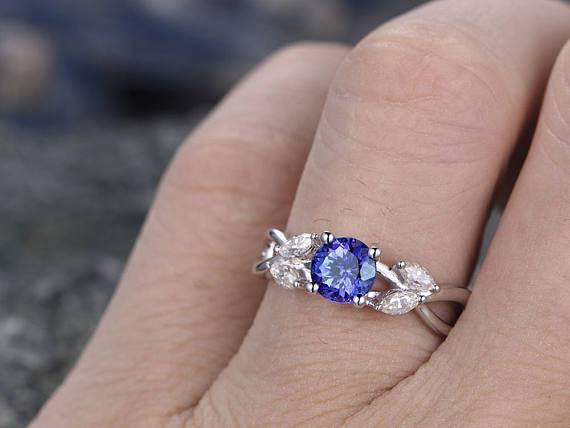 1.25 Carat Round Cut Tanzanite and Diamond Engagement Ring in White Gold