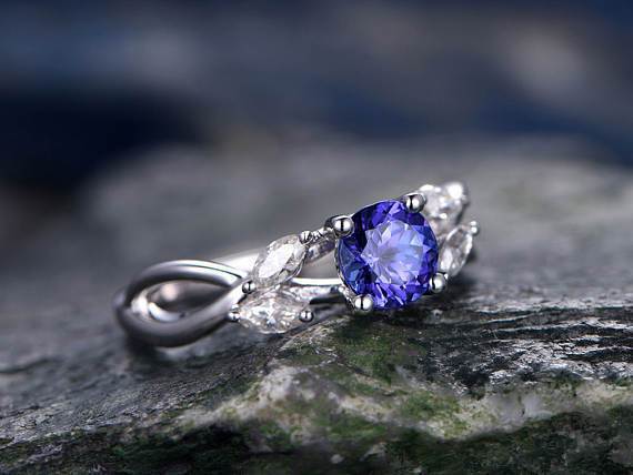 1.25 Carat Round Cut Tanzanite and Diamond Engagement Ring in White Gold