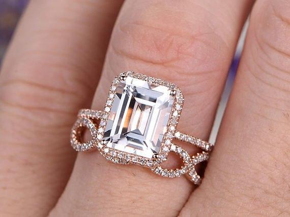 2.50 Carat Emerald Cut White Blue Topaz and Diamond Halo Split Shank Engagement Ring in Rose Gold