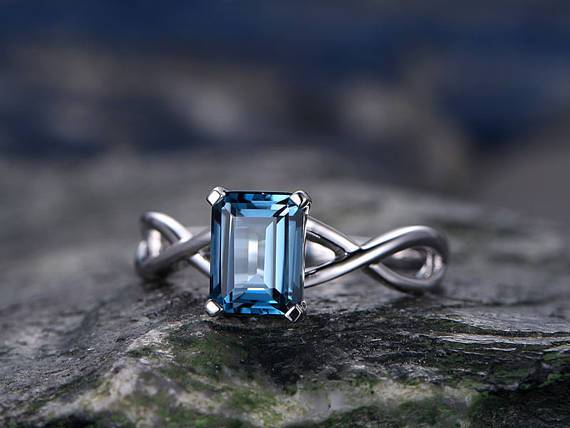 1.25 Carat Emerald Cut London Blue Topaz Split Shank Solitaire Engagement Ring in White Gold