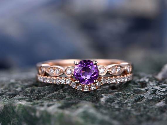 Perfect 1.50 Carat Purple Amethyst and Diamond Wedding Ring Set Art Deco Design in Rose Gold