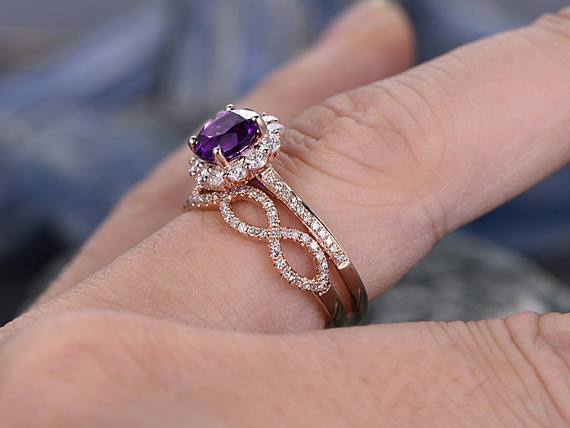 2 Carat Purple Amethyst and Diamond Floral Halo Wedding Engagement Ring set in Rose Gold