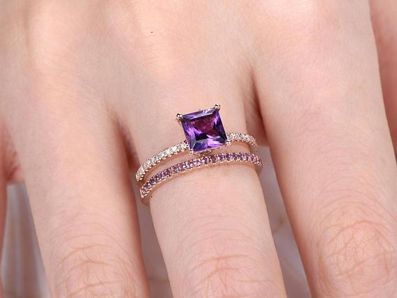 1.50 Carat Princess Amethyst and Diamond Half Eternity Wedding Ring Set in Rose Gold