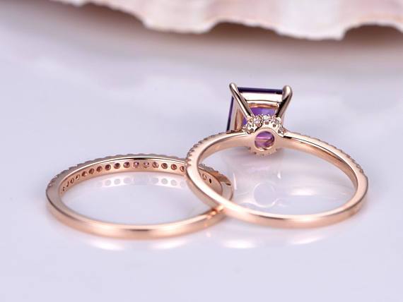 1.50 Carat Princess Amethyst and Diamond Half Eternity Wedding Ring Set in Rose Gold