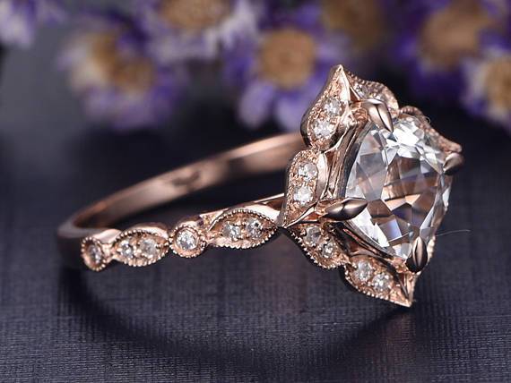 1.50 Carat Cushion White Topaz and Diamond Art Deco Engagement Ring in Rose Gold