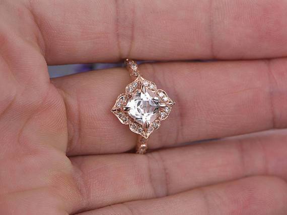 1.50 Carat Cushion White Topaz and Diamond Art Deco Engagement Ring in Rose Gold