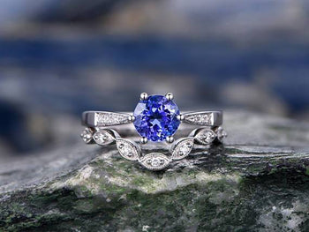 1.50 Carat Round Cut Tanzanite Diamond Solitaire and Art Deco Wedding Ring Sets in White Gold