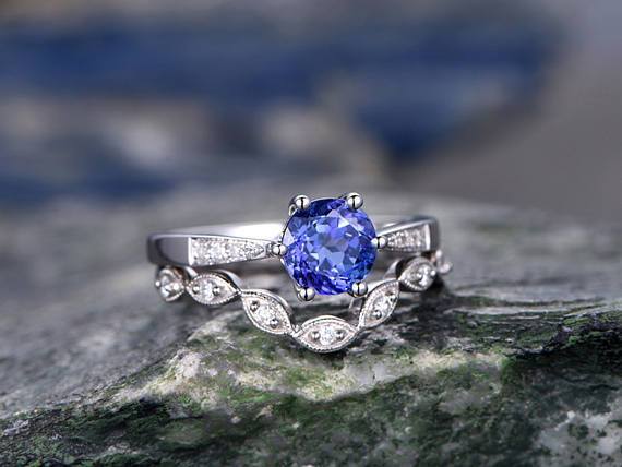 1.50 Carat Round Cut Tanzanite Diamond Solitaire and Art Deco Wedding Ring Sets in White Gold