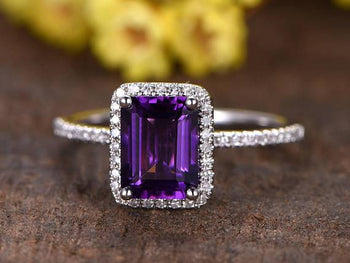 1.25 Emerald Cut Amethyst and Diamond Half Eternity Engagement Trio Ring Set in White Gold