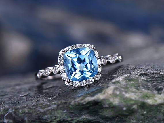 1.50 Carat London Blue Topaz and Diamond Halo Art Deco Engagement Ring in White Gold