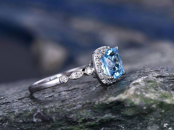 1.50 Carat London Blue Topaz and Diamond Halo Art Deco Engagement Ring in White Gold