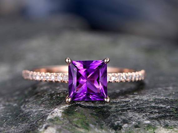 1.25 Carat Princess Amethyst and Diamond Engagement Ring in Rose Gold