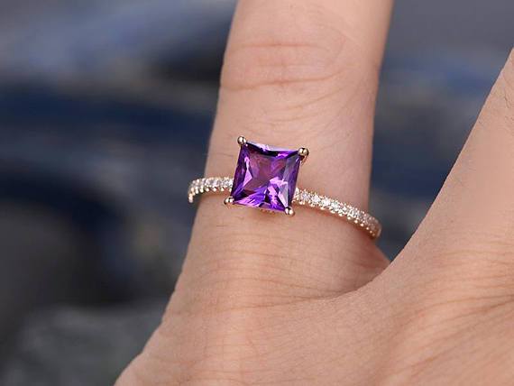 1.25 Carat Princess Amethyst and Diamond Engagement Ring in Rose Gold