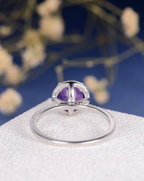 1.50 Carat Round Amethyst and Diamond Half Eternity Engagement Ring in White Gold Halo