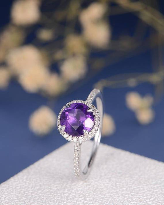 1.50 Carat Round Amethyst and Diamond Half Eternity Engagement Ring in White Gold Halo
