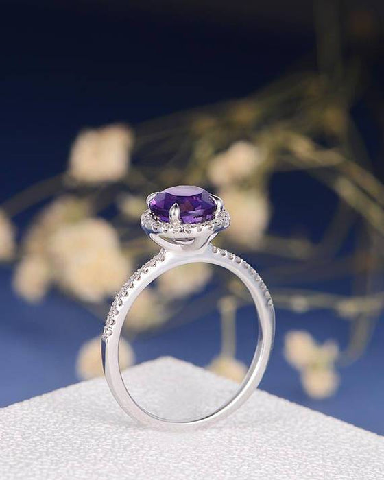 1.50 Carat Round Amethyst and Diamond Half Eternity Engagement Ring in White Gold Halo