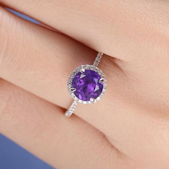 1.50 Carat Round Amethyst and Diamond Half Eternity Engagement Ring in White Gold Halo