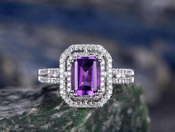 2.50 Carat Amethyst and Diamond Halo Split Shank Engagement Ring Art Deco Antique Ring in White Gold
