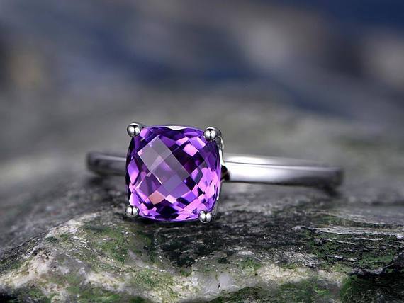 1 Carat Cushion Amethyst Solitaire Engagement Ring for Women in White Gold