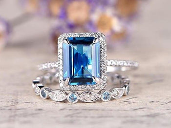 2 Carat Emerald Cut London Blue Topaz and Diamond Engagement Ring in White Gold