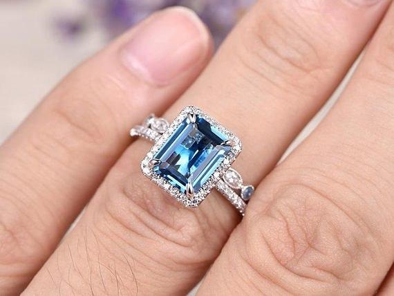 Cushion Cut London Blue Topaz Diamond Engagement Ring and Matching Diamond  Wedding Band in 14k white gold (GR-6074)