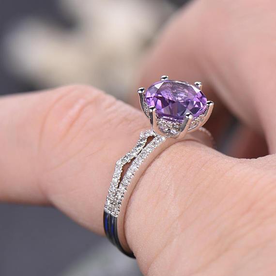 2 Carat Amethyst and Diamond Art Deco Curved Wedding Ring Set in White Gold