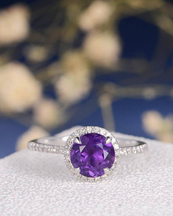 1.50 Carat Round Amethyst and Diamond Half Eternity Engagement Ring in White Gold Halo